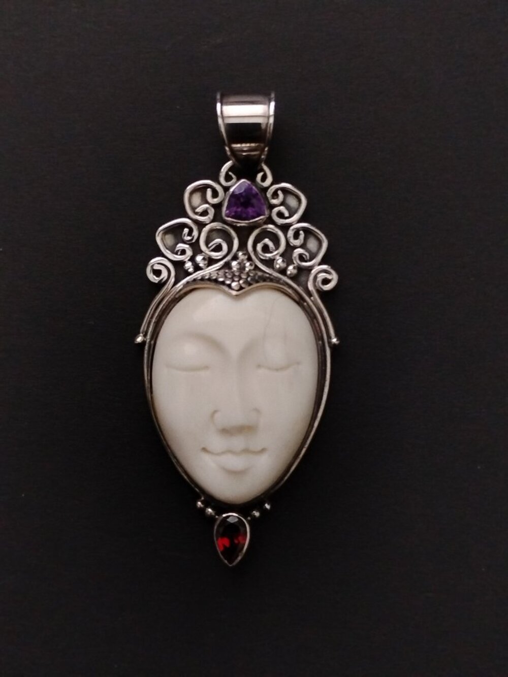Vintage Balinese-Style 925 Sterling Silver Carved Bone Goddess Face Pendant